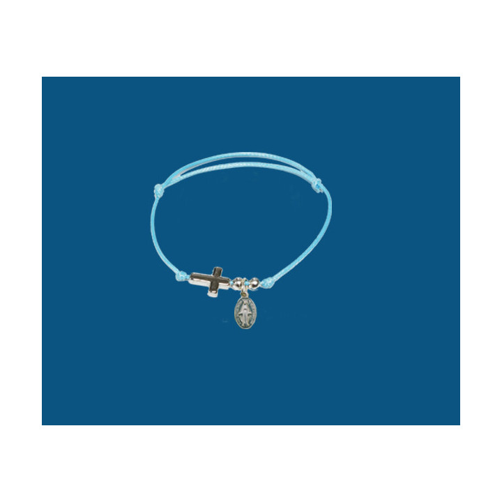 Mod.201 Pulsera de hilo con cruz y medalla Virgen Milagrosa en baño de plata