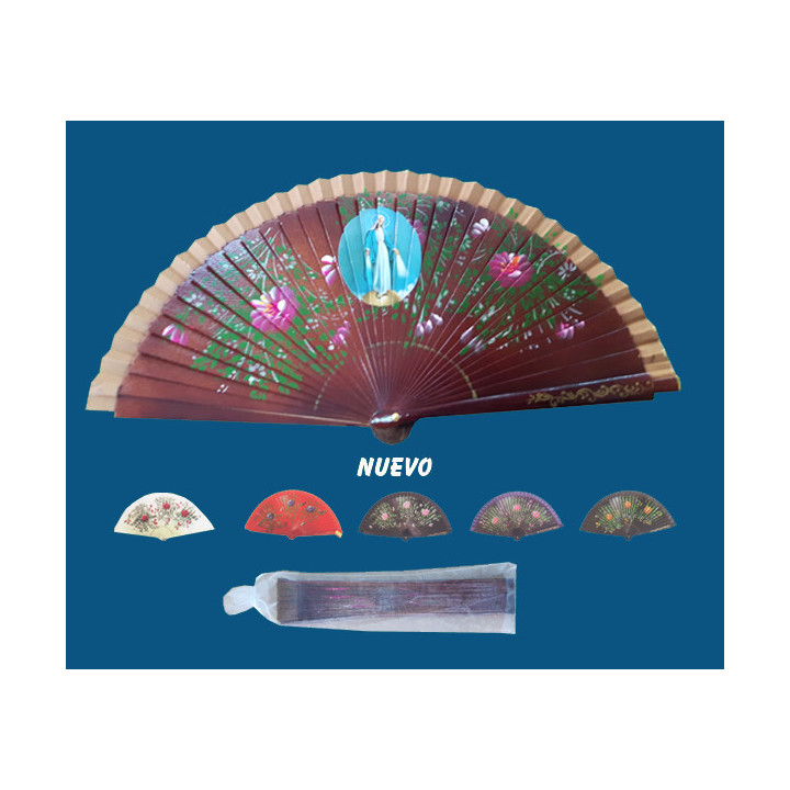 Mod.757 Abanico Madera colores surtidos Virgen Milagrosa.(42cm)