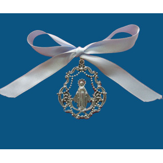 Mod.724 Medalla cuna lira en plata vieja con lazo azul V. Milagrosa.(65mm)