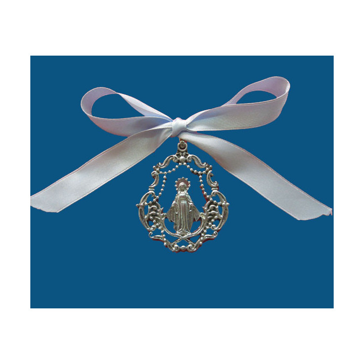 Mod.724 Medalla cuna lira en plata vieja con lazo azul V. Milagrosa.(65mm)
