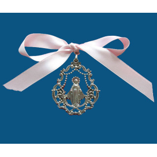 Mod.725 Medalla cuna lira en plata vieja con lazo rosa V. Milagrosa.(65mm)