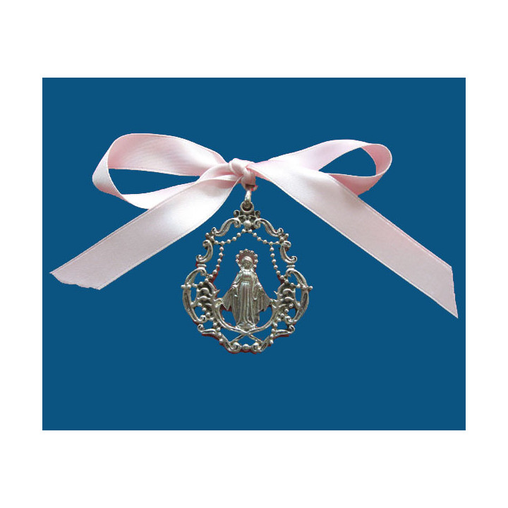 Mod.725 Medalla cuna lira en plata vieja con lazo rosa V. Milagrosa.(65mm)